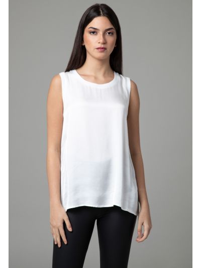 Shiny Satin Basic Top With Ribbed Neckline