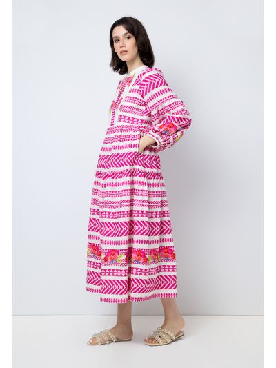 Embroidered Floral Long Balloon Sleeves Dress
