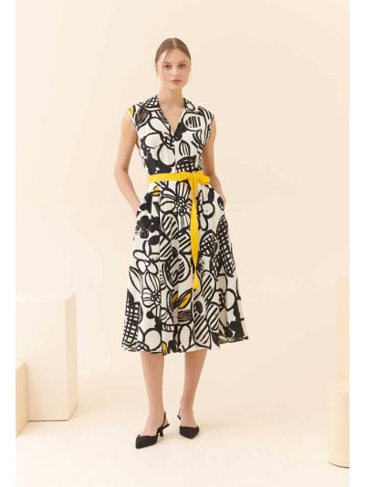 Roman Floral Pattern Belted Midi Dress Multi Color