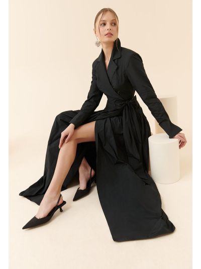 Roman Wrapped Detail Evening Long Dress Black