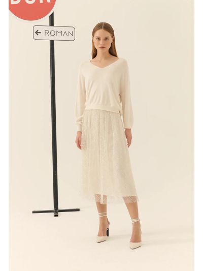 Roman Sequined-Overlay Midi Skirt Ecru