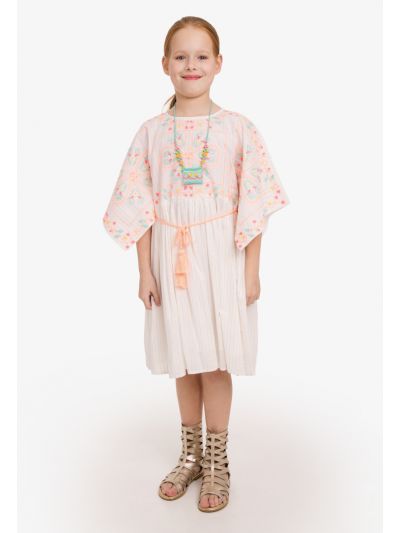 Embroidered Striped Short Slit Sleeves Dress