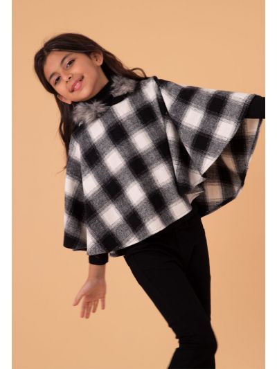 Plaid Faux Fur Trim Hoodie Round Poncho