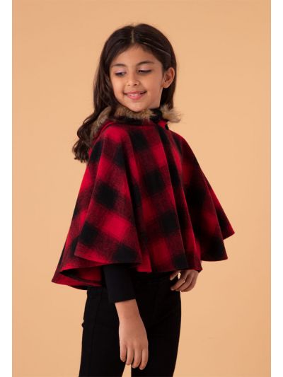 Plaid Faux Fur Trim Hoodie Round Poncho