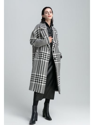 Notch Double Breasted Houndstooth Long Coat