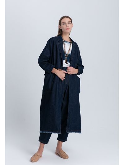 Denim Notched Shackle Buckle Lapel Coat