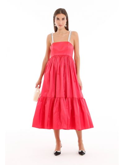 Pearls And Strass Double Straps Tiered Taffeta Dress