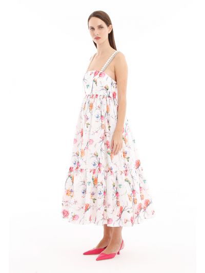 Pearls And Strass Double Straps Tiered Taffeta Dress