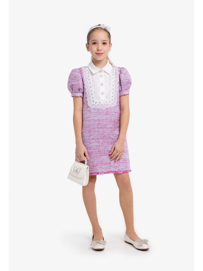 Multicolor Puff Sleeves Lace Dress With Fringing
