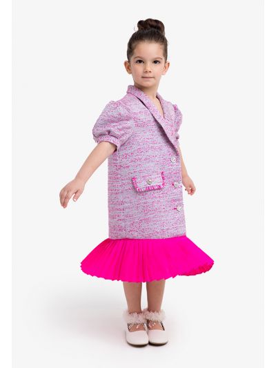 Multicolor Puff Sleeves Pleated Dress