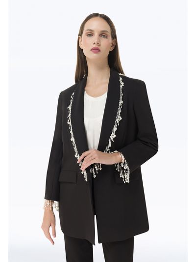Pearl Embellished Blazer With Flap Pockets -Sale