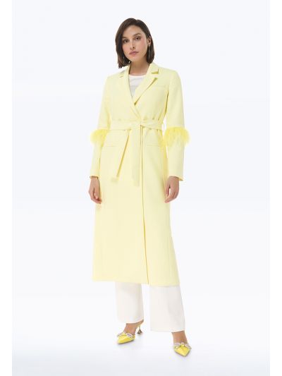 Feather Sleeve Long Solid Coat -Sale
