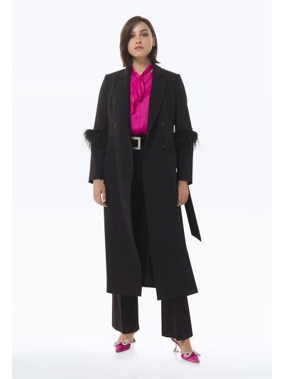 Feather Sleeve Long Solid Coat -Sale
