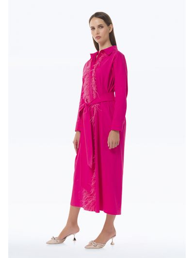 Feather Fringed Placket Shirt Dress -Sale