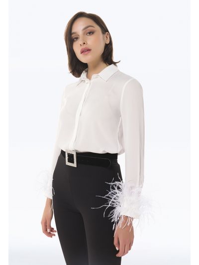 Feather Sleeve Hem Solid Shirt -Sale