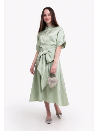 Solid Floral Neck Belted Dress