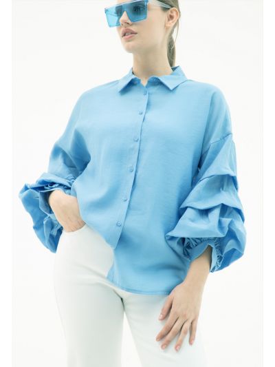 Ruched Sleeve Solid Shirt -Sale