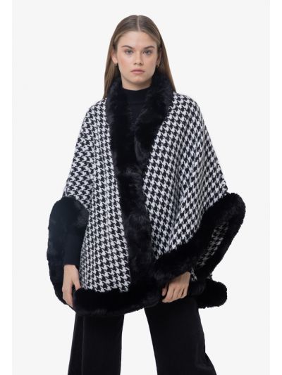 Houndstooth Fur Edges Winter Poncho
