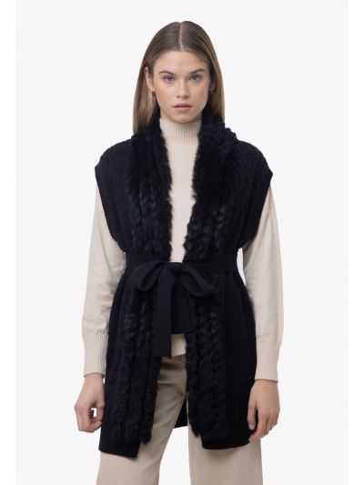 Textured Knitted Fur Details Open Vest With Self Tie Band