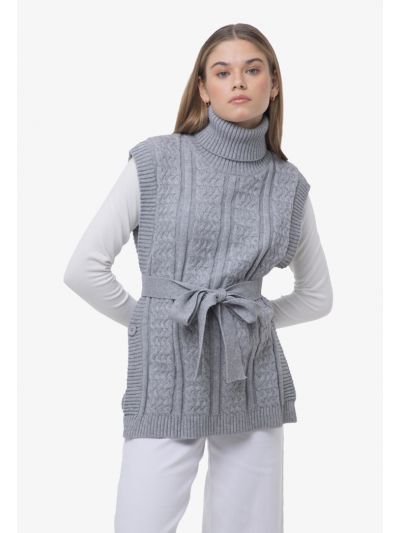 Braided Knit Sleeveless Turtle Neckline Winter Vest