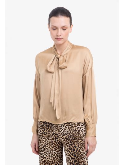 Shiny Solid Self Tie Neckline Blouse