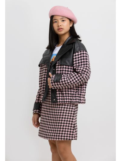 PU Leather Houndstooth Buttoned Jacket -Sale