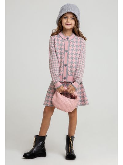 All Over Patterned Knitted Buttoned Cardigan and Skirt Set