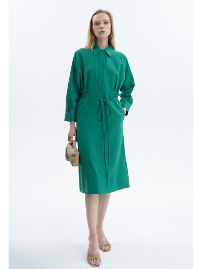 Solid Waist Tie Shirt Dress -Sale