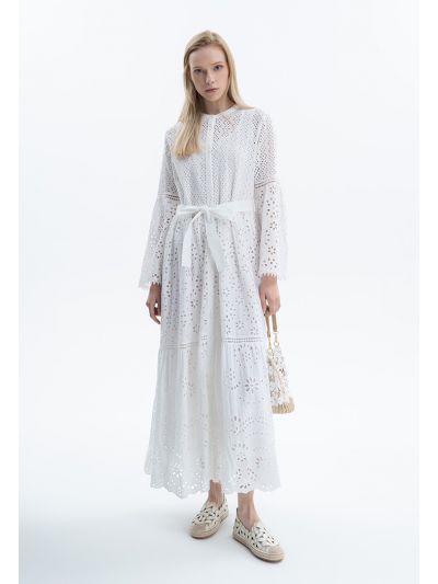 Laced Fabric Dress With Scalloped Hem -Sale
