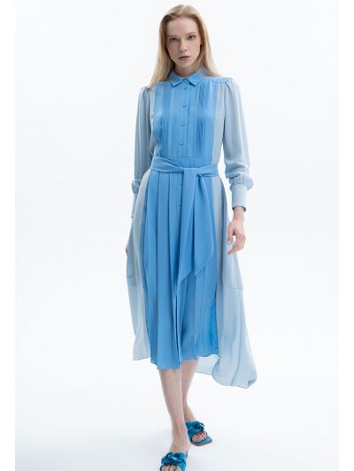 Pleated Color Block Maxi Dress With Belt -Sale