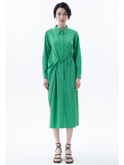 Crinkled Solid Self Tie Shirt Dress -Sale