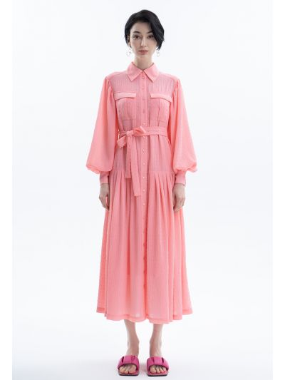 Crinkled Self Belt Solid Shirt Dress -Sale