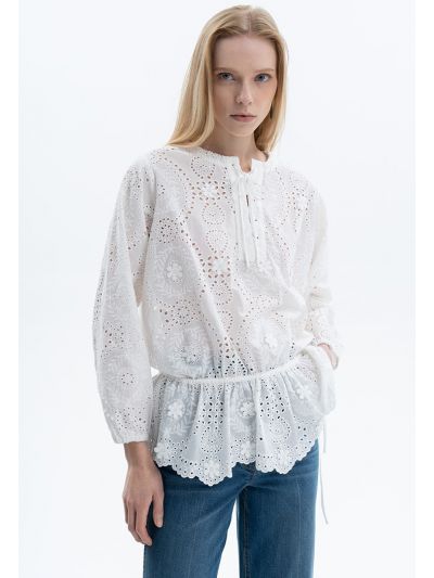 Solid Allover Schiffli Blouse -Sale
