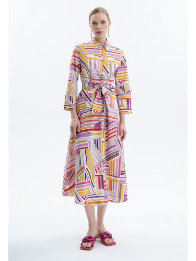 Abstract Stripe Printed Dress With Belt -Sale