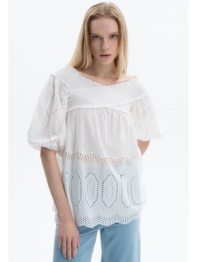 Off Shoulder Solid Schiffli Top -Sale