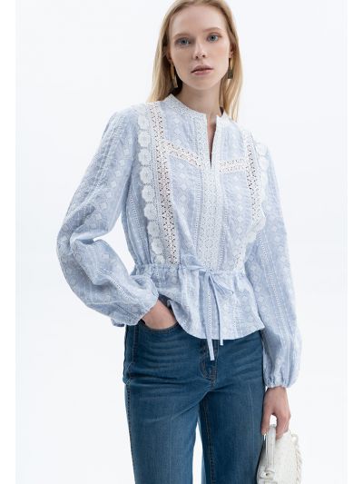 Embroidered Lace Blouse With Drawstring -Sale