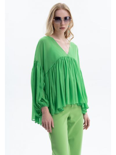 Solid Gathered Butterfly Tulle Blouse With Singlet -Sale