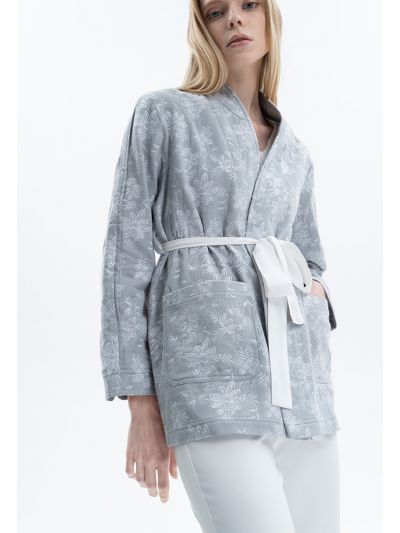 Floral Motif Contrast Embroidered Kimono -Sale
