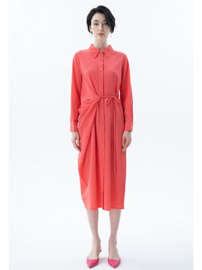 Crinkled Solid Self Tie Shirt Dress -Sale