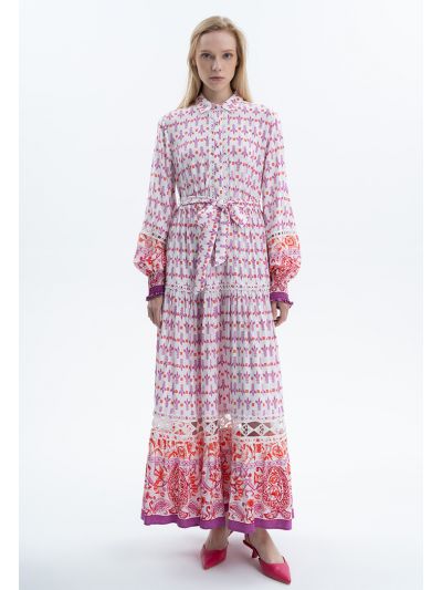 All Over Printed Dress With Belt -Sale
