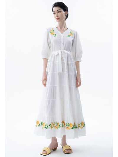 Floral Motif Embroidered Tiered Dress With Belt