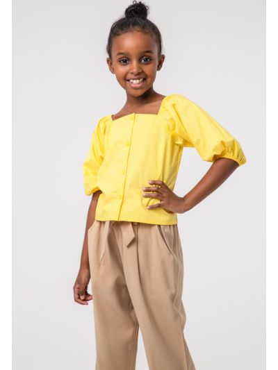 Solid Square Ruffle Button Up Crop Top Blouse -Sale