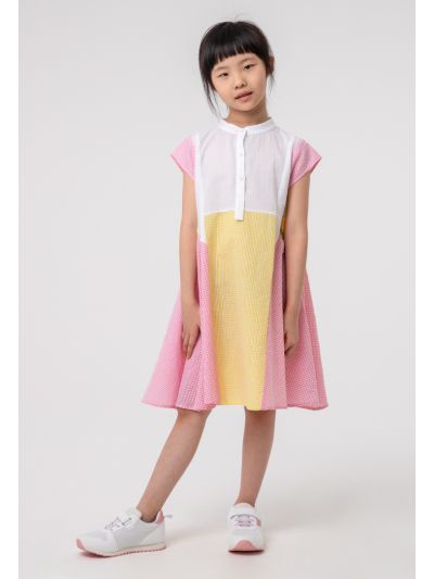 Seersucker Color Blocking Flared Midi Dress -Sale