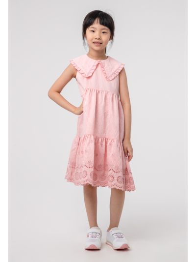 Embroider Stripe Ruffle Tiered Sleeveless Dress -Sale