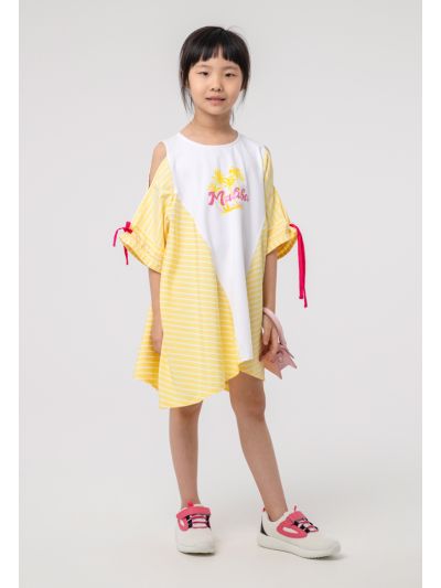 Asymmetrical Stripe Cold Shoulder Girls Dress -Sale