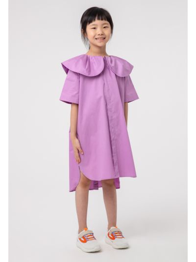 Solid Pleated Baby Collar High-Low Dress -Sale