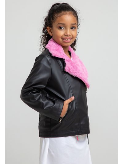 Barbie Print PU Leather With Faux Fur Zipped Jacket -Sale
