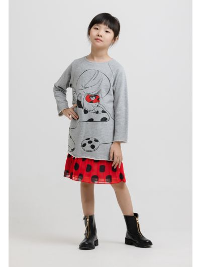 Ladybug Print Long Sleeves Contrast Hem front Pocket Sweat Dress -Sale