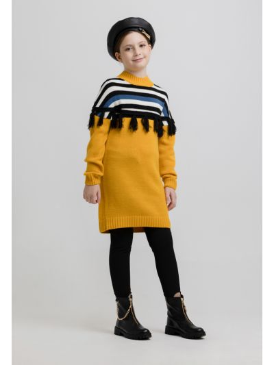 Long Sleeves Ribbed Neckline Tassel Details Knitted Dress -Sale