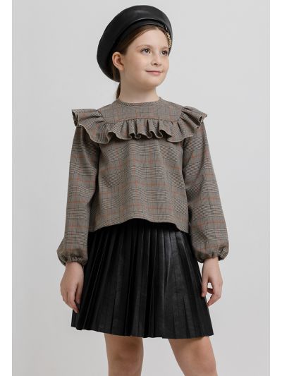 Glen Check Pattern Ruched Details Long Sleeves Blouse -Sale